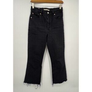 Levis Premium Womens Ribcage Crop Flare Jeans Sz 26 Black Button Fly Raw Hem